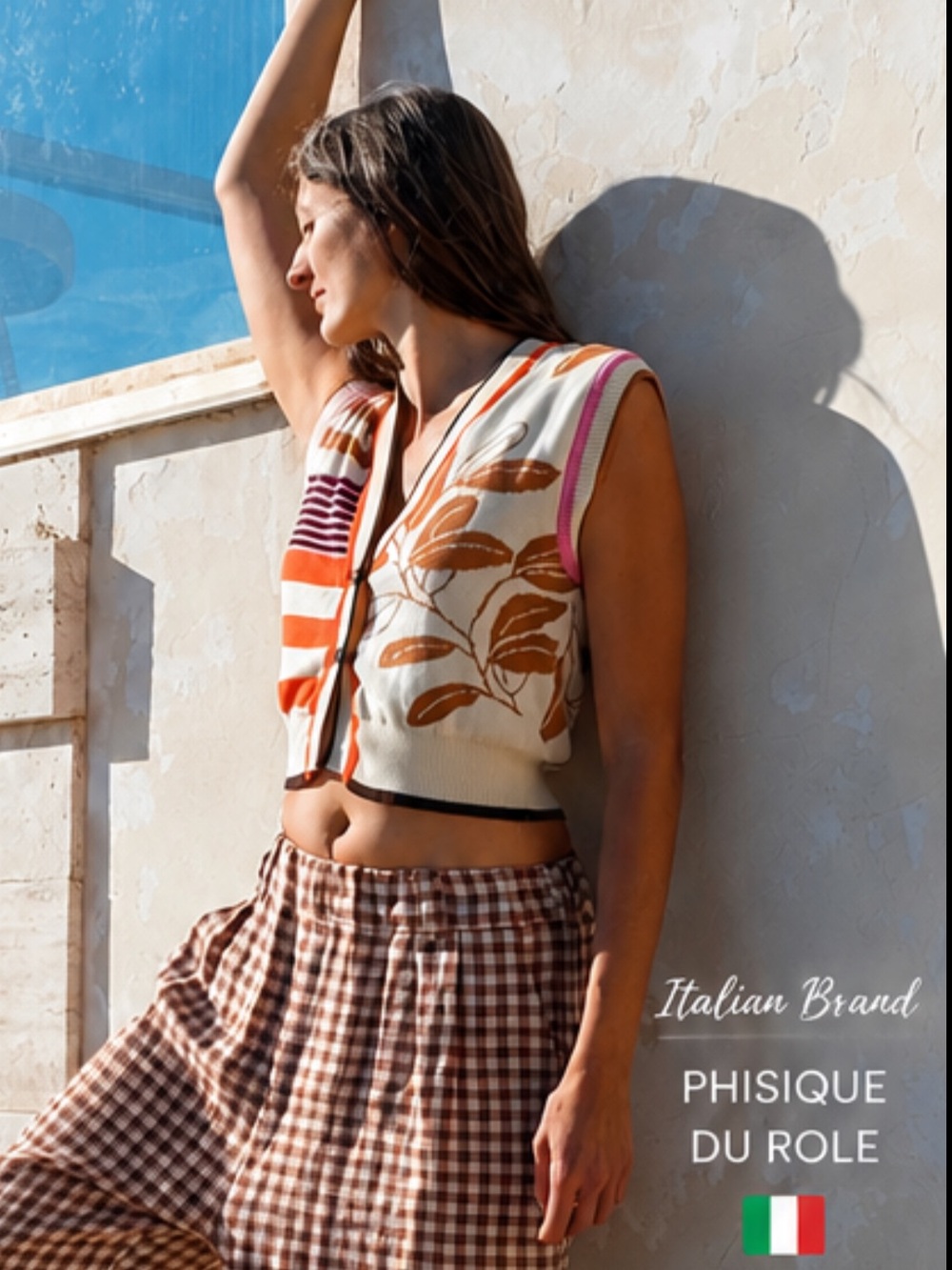 Phisique du Role Italy 100% Cotton Knit Vest Leaf Print European Summer Chic - Picture 2 of 15